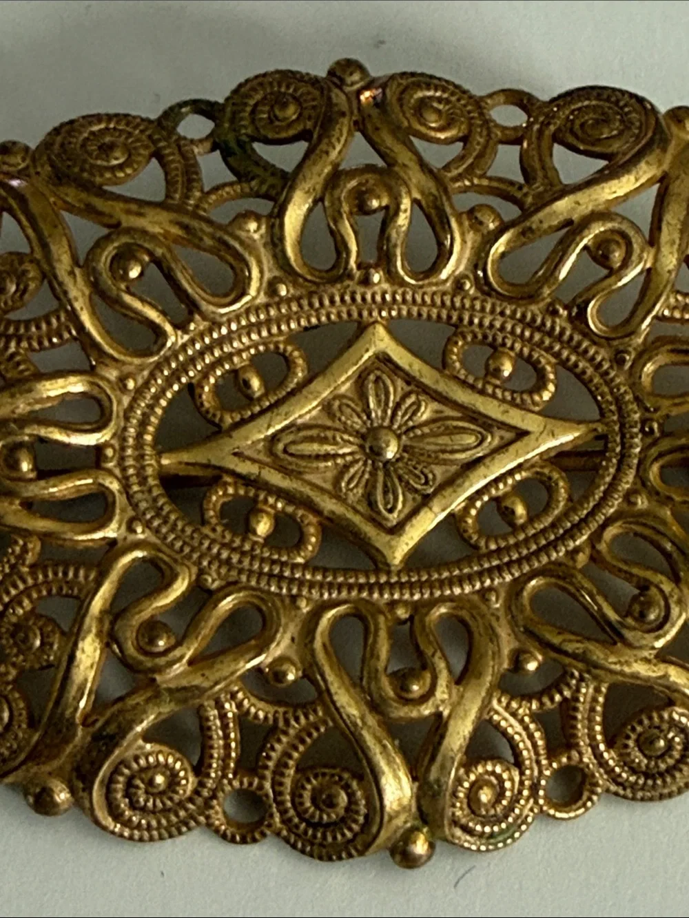 Vintage Miriam Haskell antique revival gold tone Filigree Oval Brooch pin